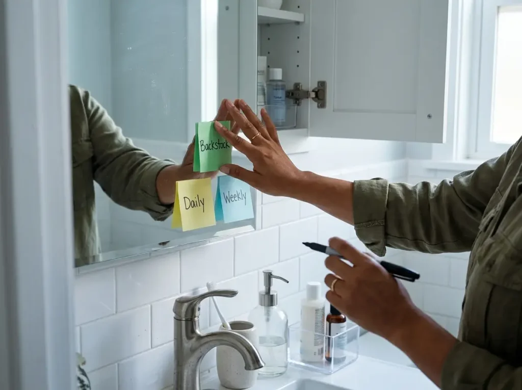Hand writing bathroom storage zones with sticky notes on vanity mirror