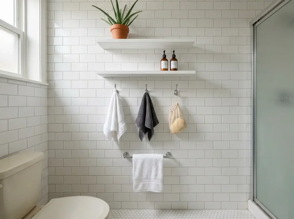 Small bathroom wall with floating shelves, hooks, and towel bar storage