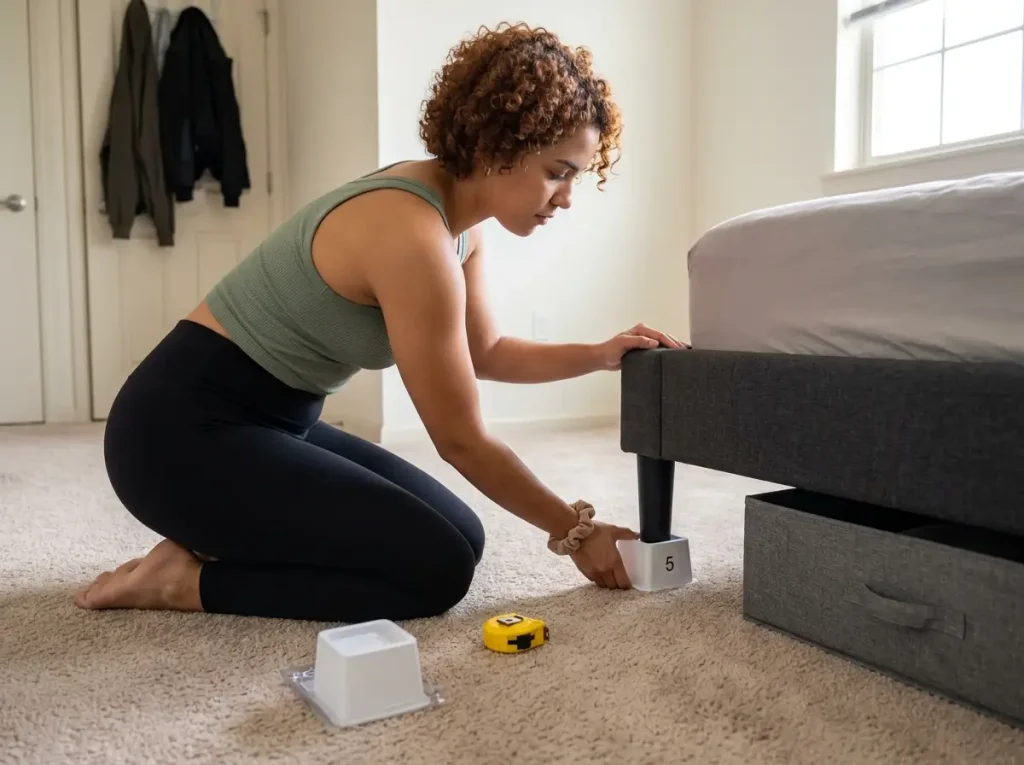 Woman placing adjustable bed riser under apartment platform bed leg on carpet