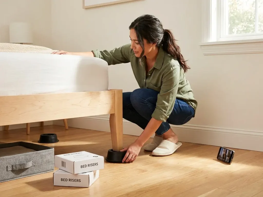 Mexican woman placing circular rubber bed riser under platform bed corner leg to increase under-bed storage clearance