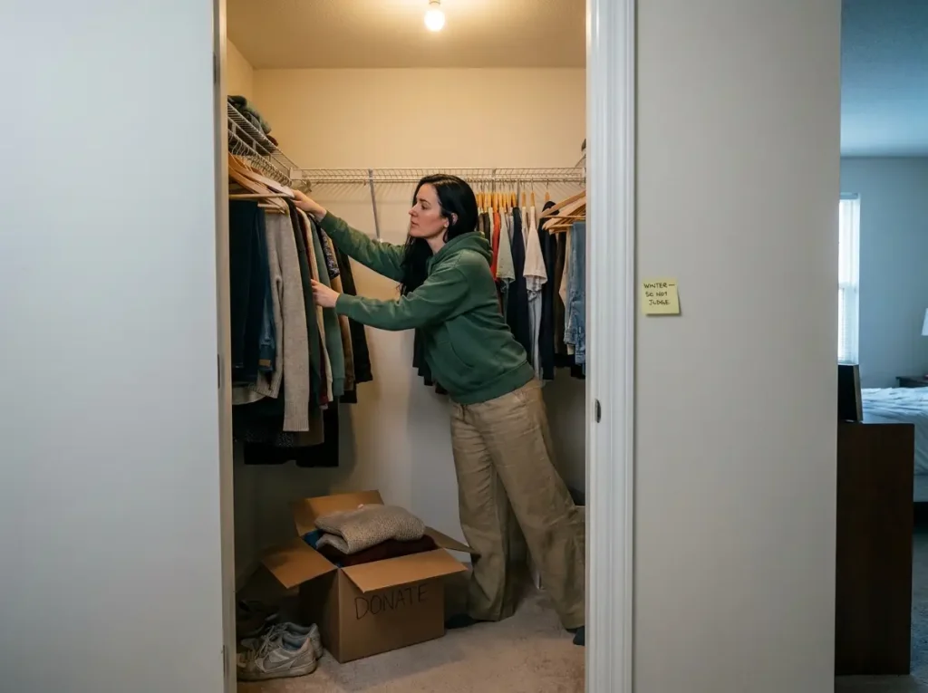 Woman sorting through reach-in closet with backwards hangers, donate box on closet floor