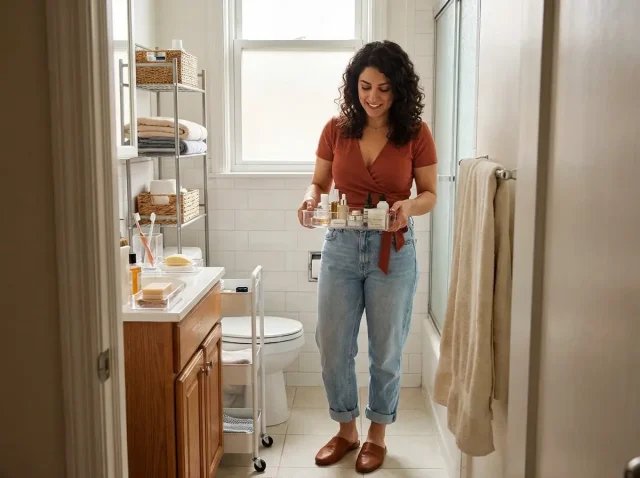 Italian American woman in small organized bathroom reviewing acrylic counter tray and bathroom organizers