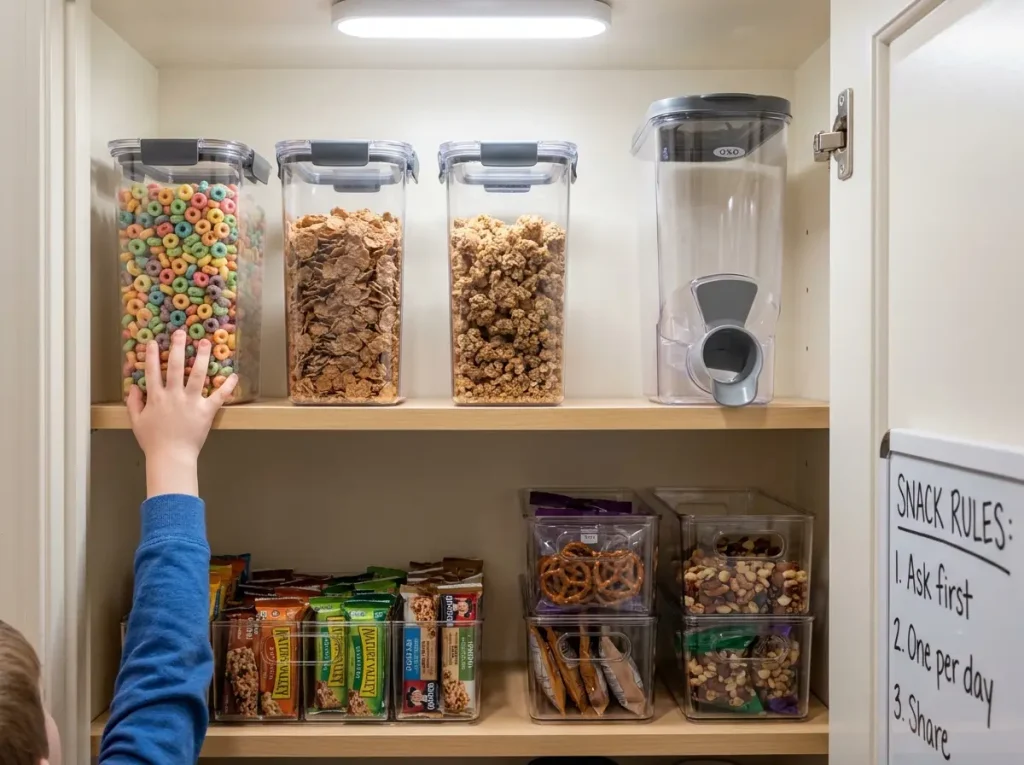 Rubbermaid Brilliance cereal containers and snack bins organized on deep pantry shelf