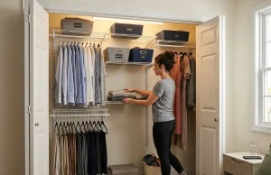 4 Best Closet Organizer Systems That Actually Hold Up Organized reach-in closet with wire shelving system holding clothes and accessories