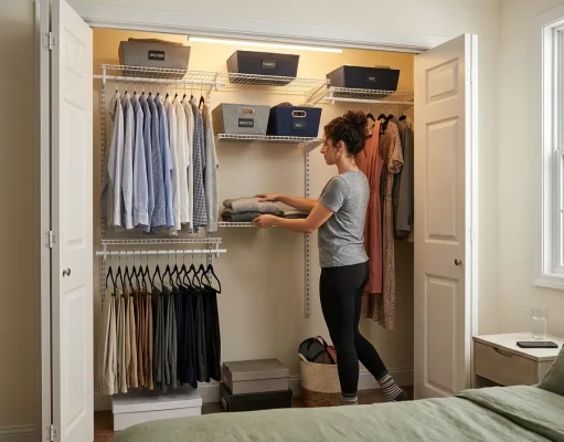 4 Best Closet Organizer Systems That Actually Hold Up Organized reach-in closet with wire shelving system holding clothes and accessories