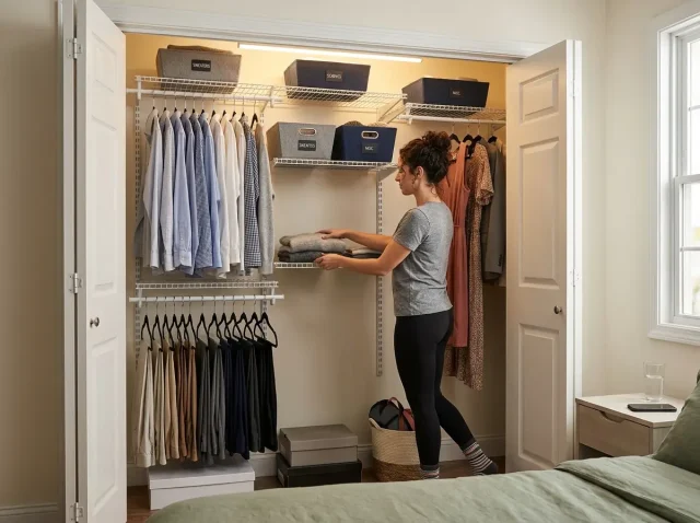 Organized reach-in closet with wire shelving system holding clothes and accessories