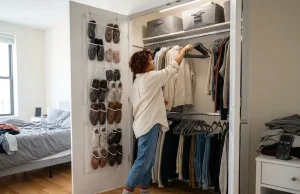 Best Closet Organizers for Apartment Renters Indian woman organizing apartment reach-in closet with velvet hangers and double rod system open door