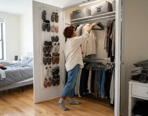 Best Closet Organizers for Apartment Renters Indian woman organizing apartment reach-in closet with velvet hangers and double rod system open door