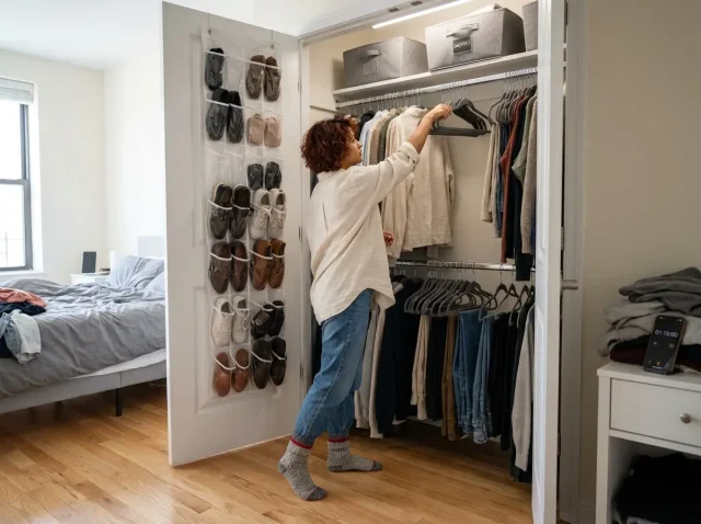 Indian woman organizing apartment reach-in closet with velvet hangers and double rod system open door