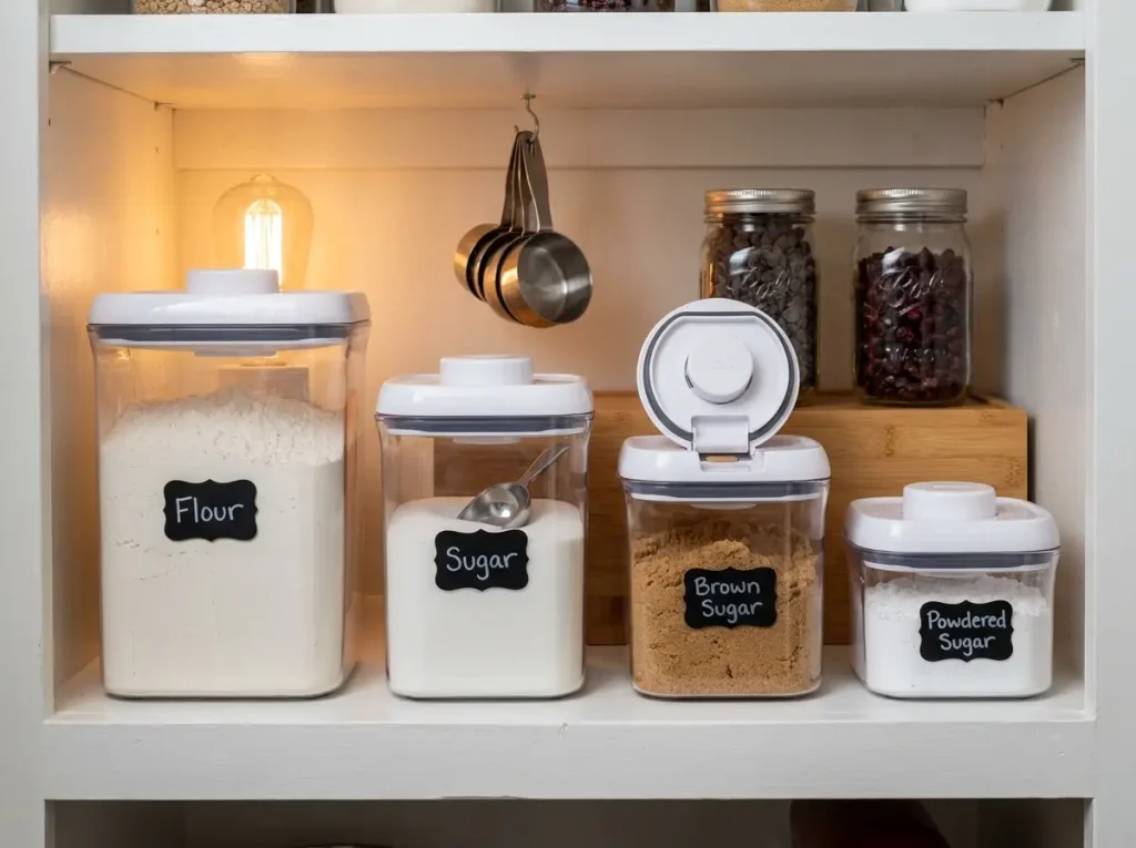 OXO POP containers filled with flour and sugar on pantry shelf with measuring scoop inside