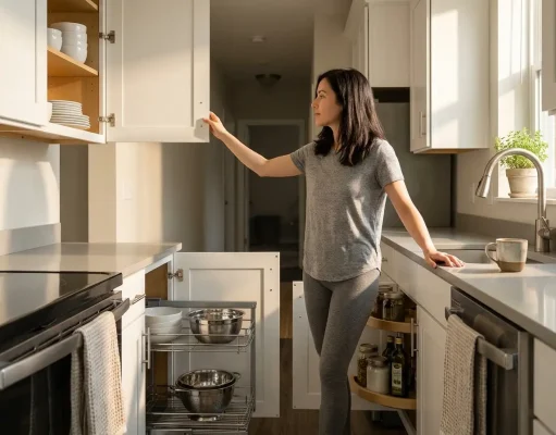 Best Kitchen Cabinet Organizers for Every Cabinet Type Open kitchen cabinets showing different organizer types in a real home kitchen