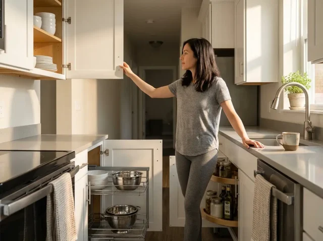 Open kitchen cabinets showing different organizer types in a real home kitchen