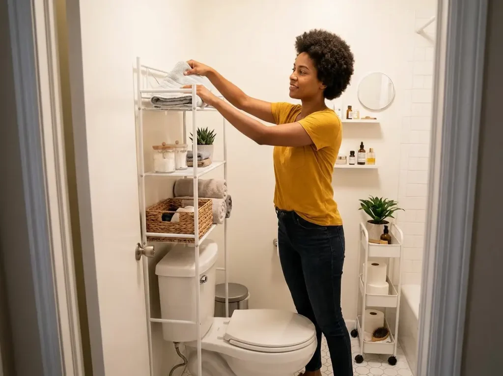 South Asian American woman placing towel on over-toilet storage shelf in small bathroom with rolling cart beside toilet