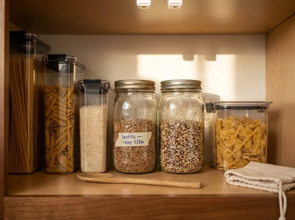 Glass mason jars and tall plastic containers storing pasta rice and lentils on pantry shelf