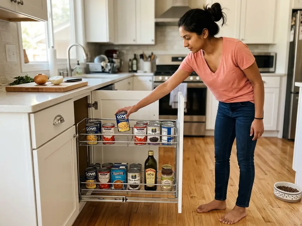 HOLDN STORAGE chrome pull-out organizer fully extended in kitchen base cabinet with canned goods