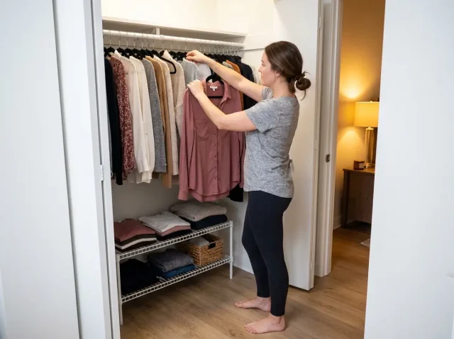 best-slim-hangers-closet-space-organized-rod Person organizing a small reach-in closet with slim velvet hangers showing an organized rod