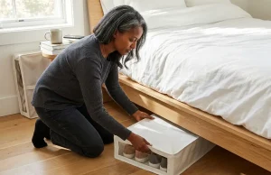 Best Under Bed Shoe Storage for Every Bed Type Ethiopian woman sliding low-profile shoe organizer under platform bed frame on hardwood floor, modern bedroom morning light