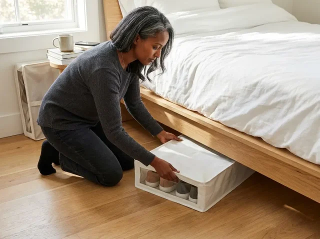 Ethiopian woman sliding low-profile shoe organizer under platform bed frame on hardwood floor, modern bedroom morning light