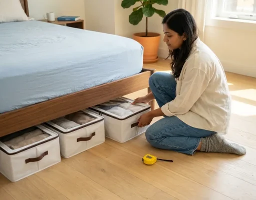 Best Under Bed Storage Containers for Low Beds Indian woman kneeling beside bed pulling out white fabric storage box from under walnut platform bed frame