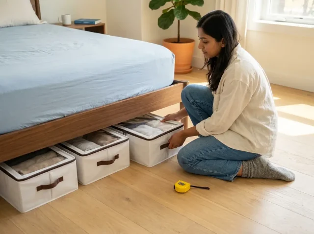 Indian woman kneeling beside bed pulling out white fabric storage box from under walnut platform bed frame