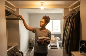 Why Budget Closet Makeovers Always Revert Woman organizing reach-in closet on a budget, clothes sorted in piles on bed nearby