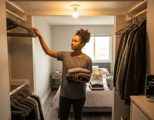 Why Budget Closet Makeovers Always Revert Woman organizing reach-in closet on a budget, clothes sorted in piles on bed nearby
