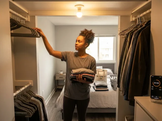 budget-closet-organization-woman-sorting-clothes Woman organizing reach-in closet on a budget, clothes sorted in piles on bed nearby