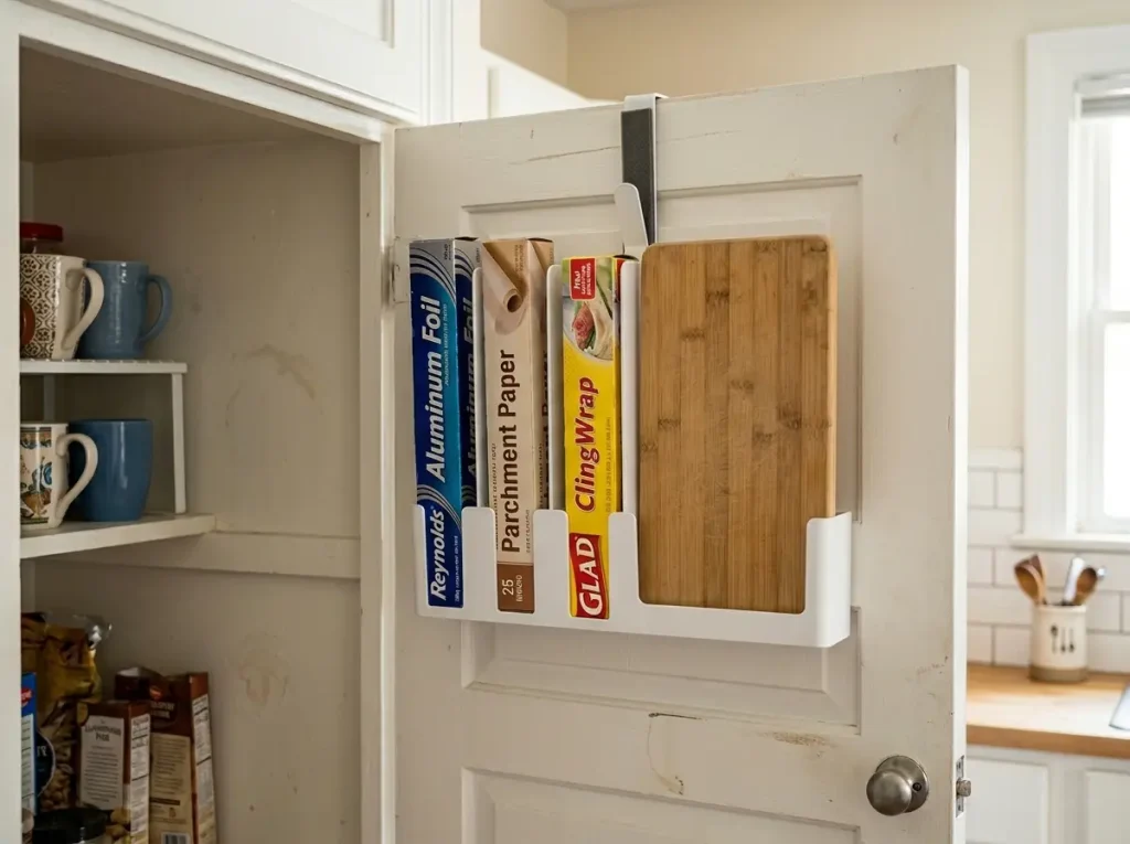 Over-the-door cabinet organizer with foam-padded hooks holding wrap boxes and cutting board on rental cabinet door
