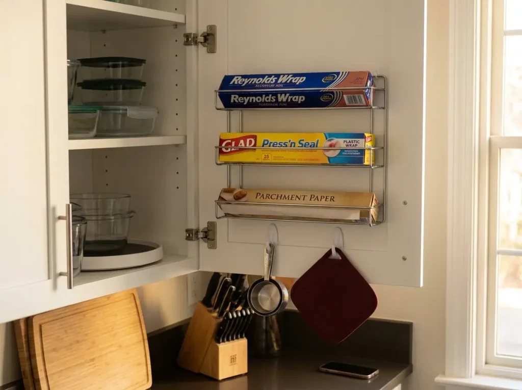 Cabinet door mounted wrap organizer with foil and plastic wrap inside kitchen cabinet