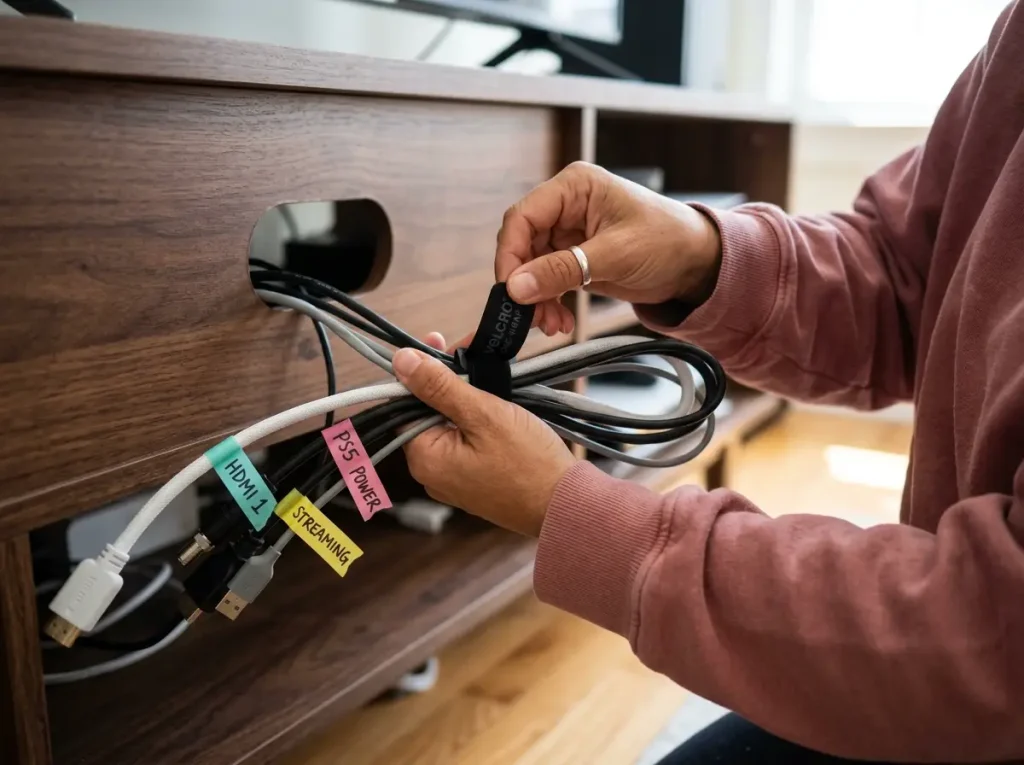 Hands wrapping velcro cable ties around labeled cable bundle behind TV stand during cable management process