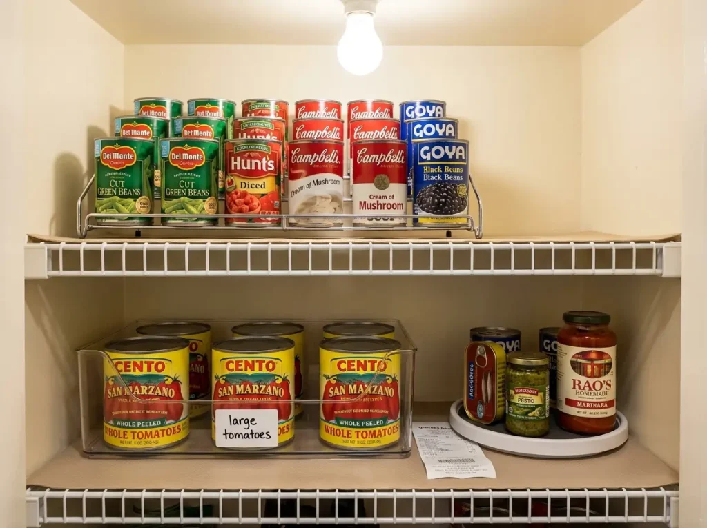 Tiered can rack organizer next to storage bin showing different solutions by can size