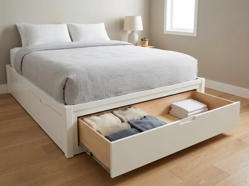 Captain's bed with open storage drawer showing folded clothing in organized bedroom