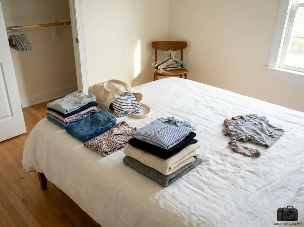 Why Budget Closet Makeovers Always Revert 1 Three clothing piles on bed for closet declutter edit — keep, donate, and discard before organizing