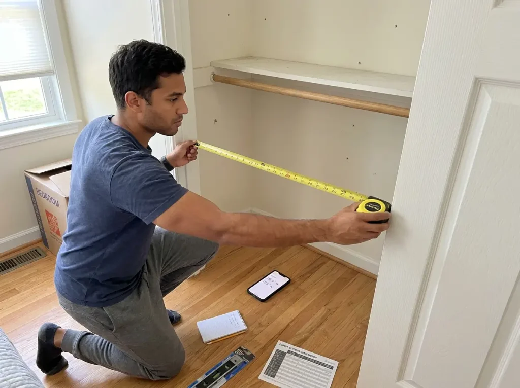 Standard reach-in closet with tape measure showing depth and width dimensions