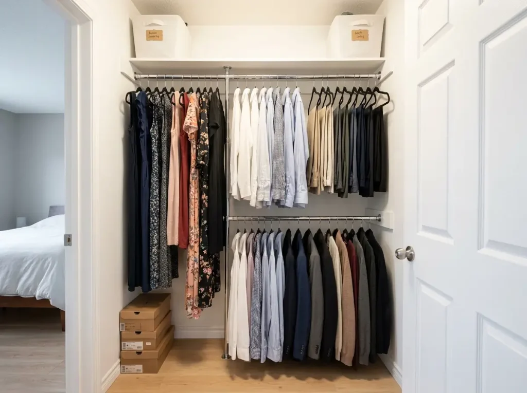 Why Budget Closet Makeovers Always Revert 4 Closet double rod setup with short shirts hanging below main rod — no drilling required
