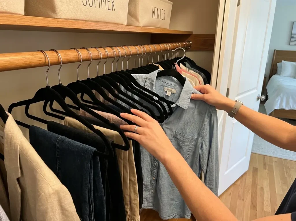 Why Budget Closet Makeovers Always Revert 10 Hands checking backward hangers in organized closet during monthly reset habit