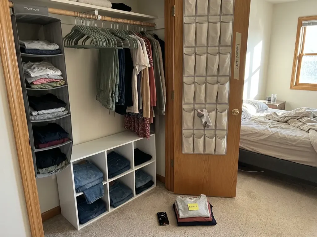 Open closet during 10-minute monthly reset with zones visible and organized system intact