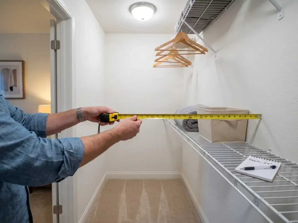Hands holding tape measure inside closet showing shelf depth and rod height
