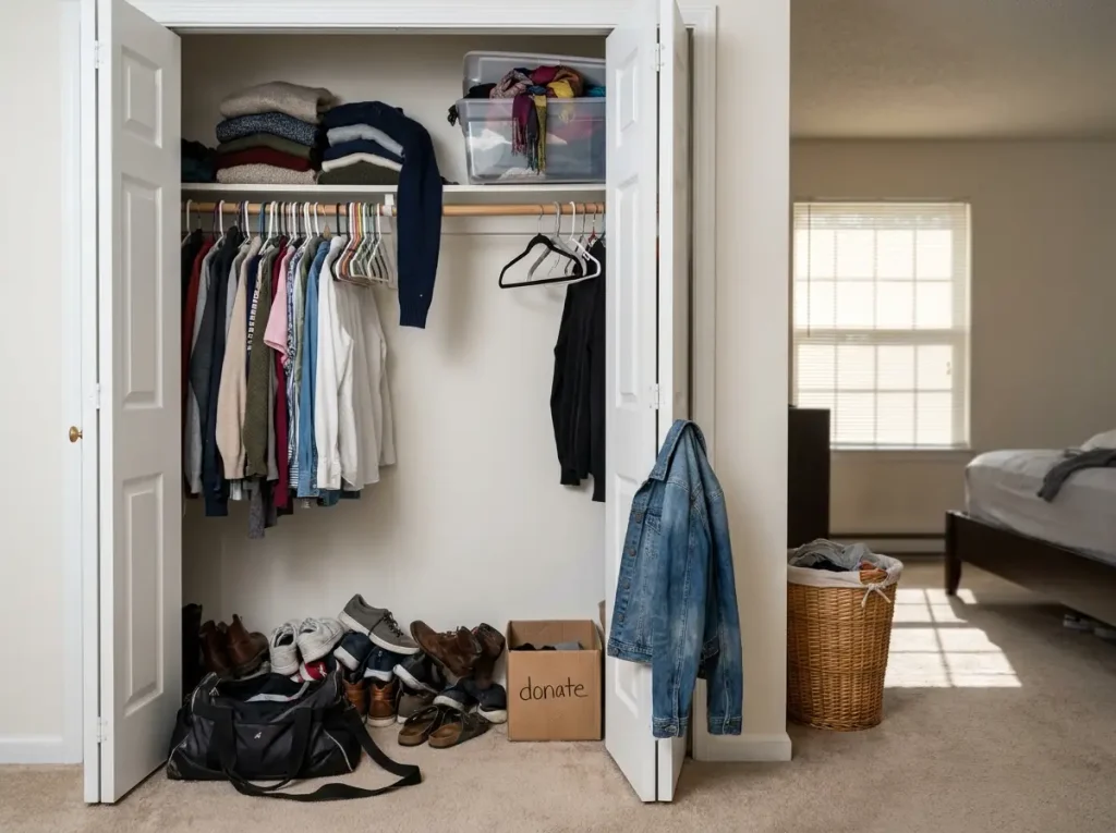 Messy closet with clothes falling off mismatched hangers and items on floor