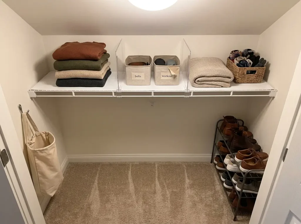 Closet shelf with acrylic dividers holding folded sweaters and labeled bins