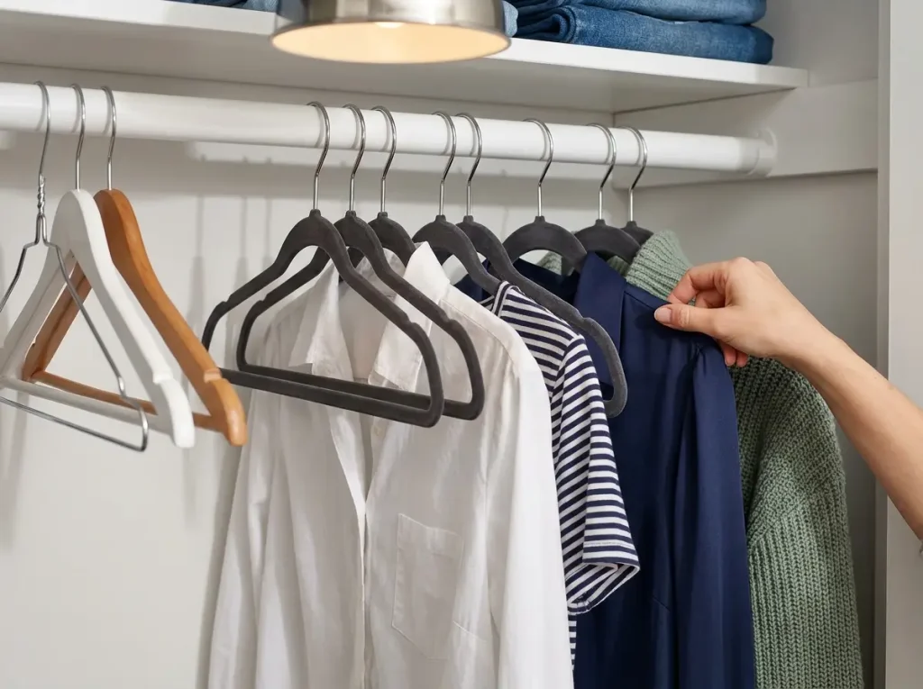 Row of matching velvet hangers with clothes evenly spaced on closet rod