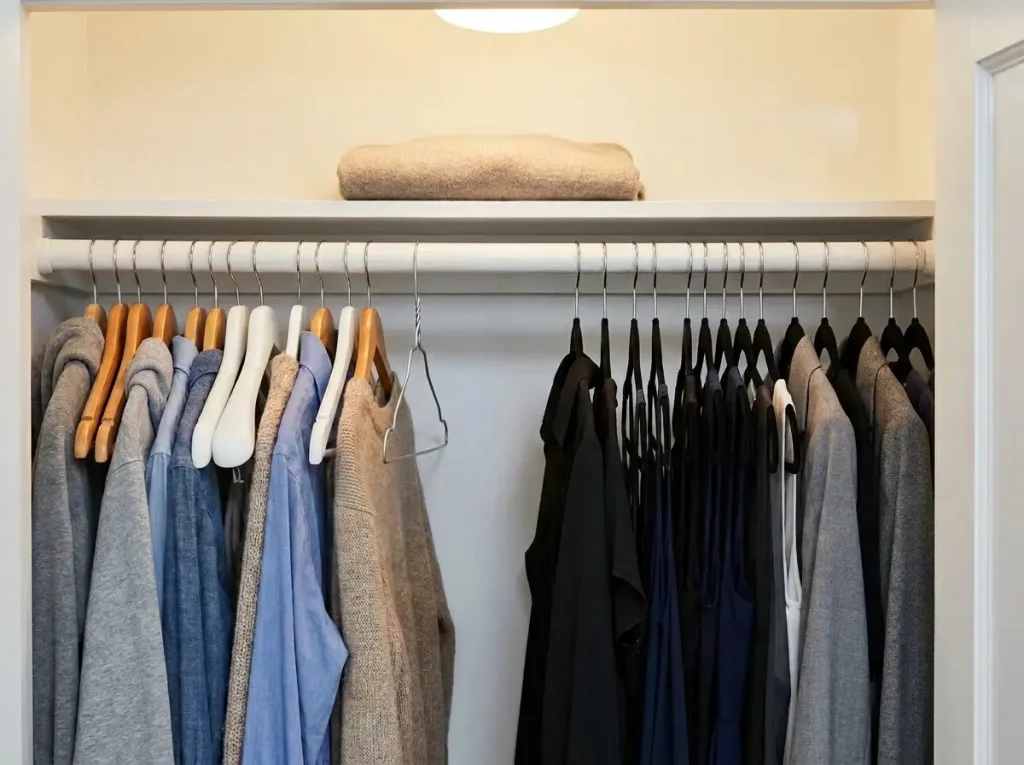 Too Many Clothes? How to Organize a Closet That Stays Neat 1 Closet rod comparison showing regular hangers versus slim velvet hangers with tape measure