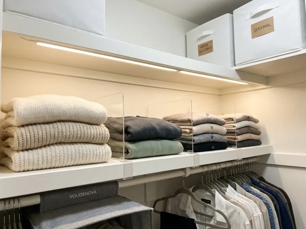 Closet shelf with HBlife acrylic dividers separating folded sweater stacks and labeled fabric bins above