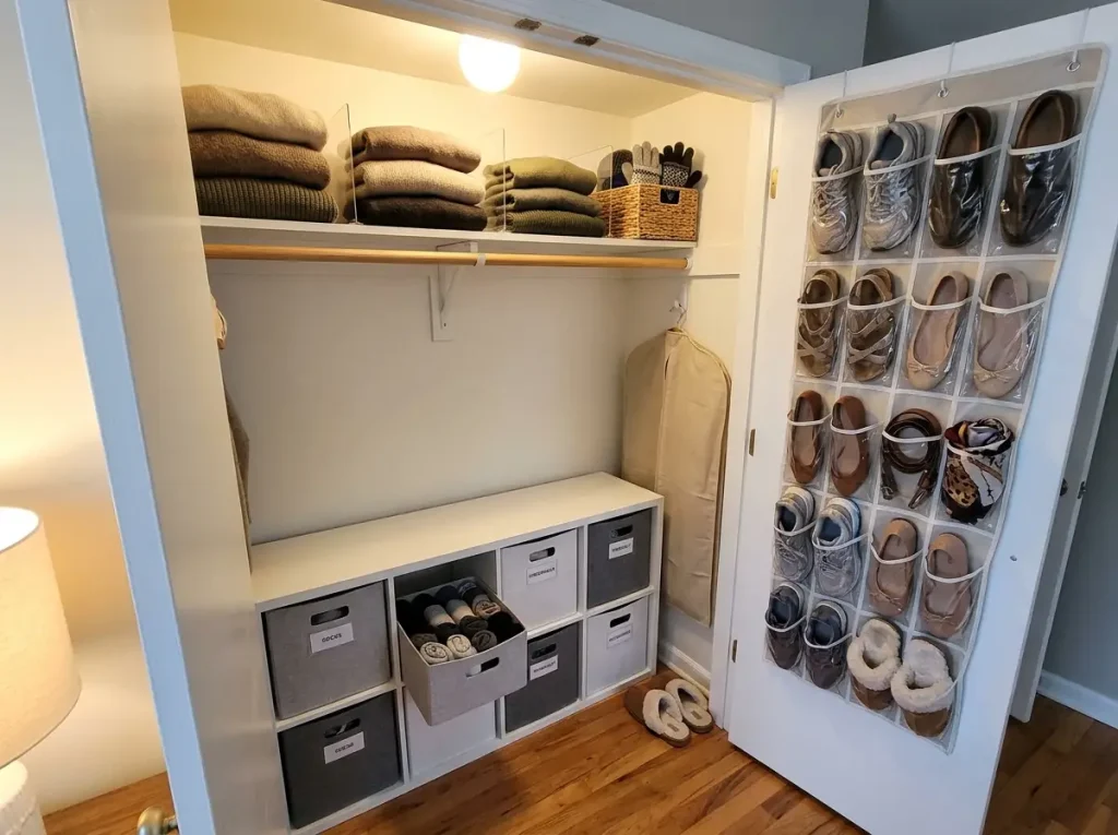 Reach-in closet shelf with acrylic dividers and over-door shoe organizer with floor cube bins