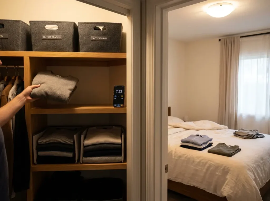 Why Your Closet Shelf Piles Keep Falling Over 9 Mid-closet-reset with folded sweater being returned to shelf, timer visible, items mid-sort on bed