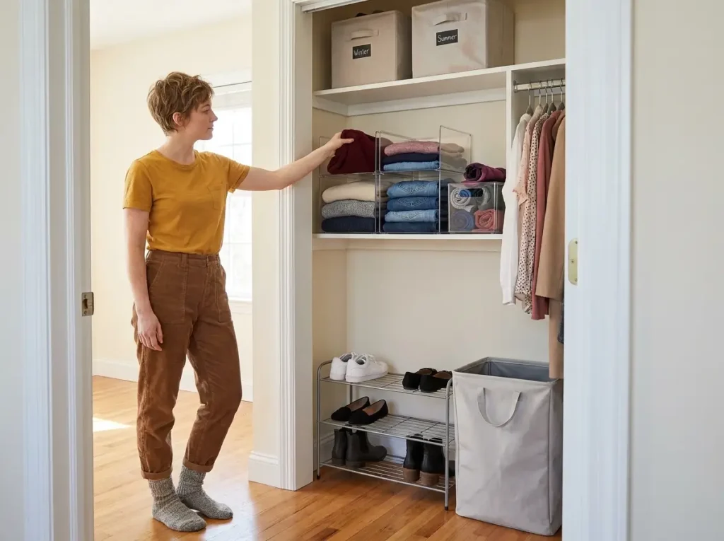 Why Your Closet Shelf Piles Keep Falling Over 7 Three-zone closet shelf system showing daily wear at eye level, seasonal bins above, and shoes at floor level