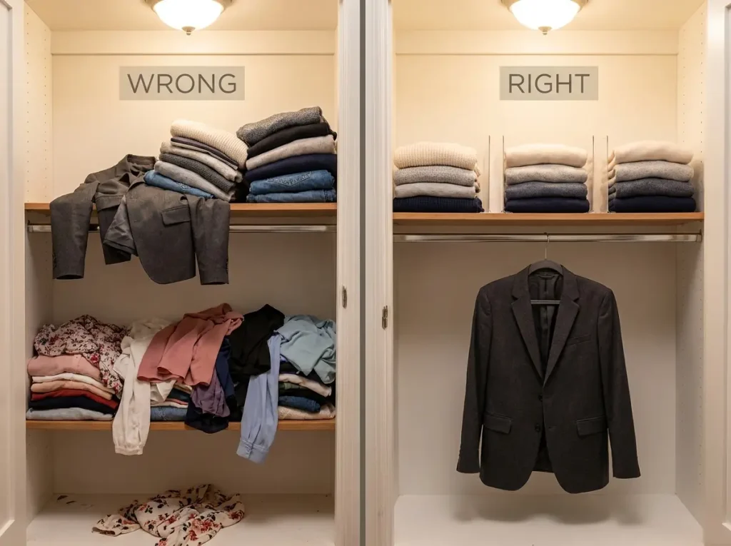 Why Your Closet Shelf Piles Keep Falling Over 1 Closet shelf comparison showing structured blazer hung on rod versus wrongly placed on shelf with folded sweaters