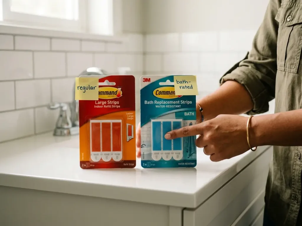 Two Command strip packets side by side showing red regular strip versus blue Command Bath water-resistant strip