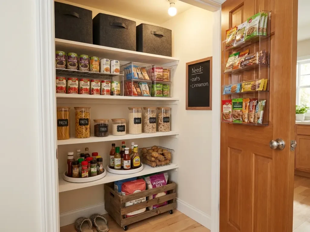 Complete budget pantry makeover with tiered shelves bins and labeled containers