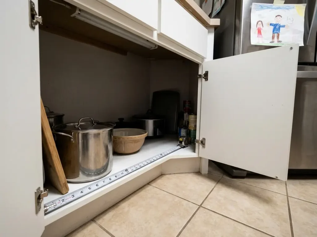 Open blind corner cabinet showing deep unreachable dead space in kitchen